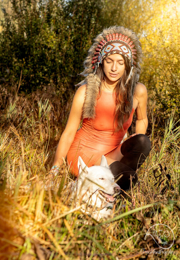 Exotisches schönes Mädchen mit Indianer-Kopfschmuck und Wolfshund